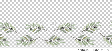 Olive branch horizontal watercolor seamless border isolated on white. Illustration perfect for Christian design, Lent season, devotion projects, religious layouts. Symbol of peace, spiritual renewal. 136493889