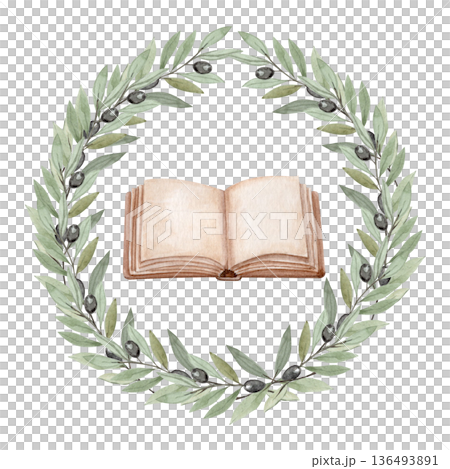 Watercolor olive wreath with open vintage book in center, hand painted illustration isolated on white background, Christian symbol of faith, scripture, knowledge for church design, education themes Watercolor olive wreath with open vintage book in center, hand painted illustration isolated on white background, Christian symbol of faith, scripture, knowledge for church design, education themes 136493891