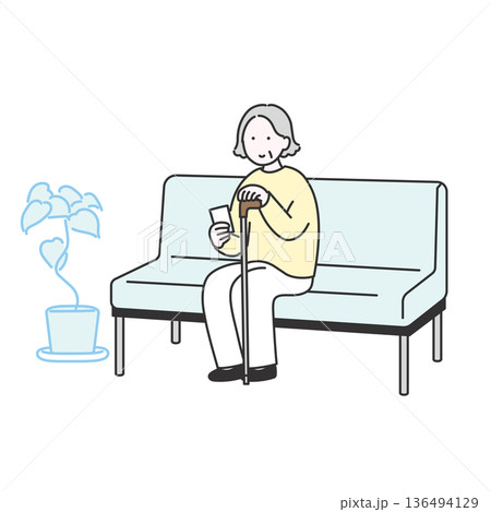 待合室で座って順番を待つ高齢女性のイメージイラスト 136494129