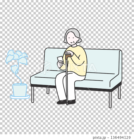 待合室で座って順番を待つ高齢女性のイメージイラスト 136494129
