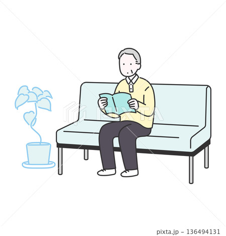 本を読みながら待合室で順番を待つ高齢男性のイメージイラスト 136494131