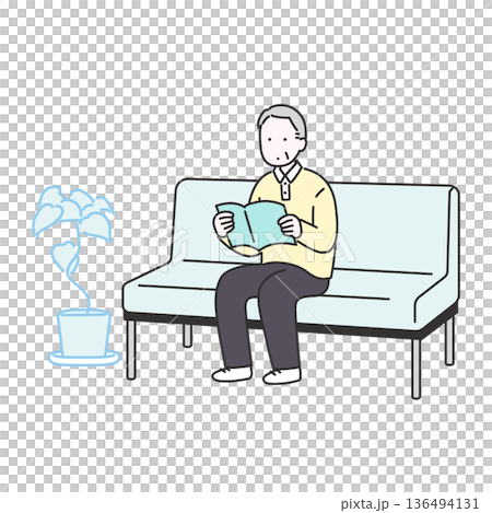 本を読みながら待合室で順番を待つ高齢男性のイメージイラスト 136494131