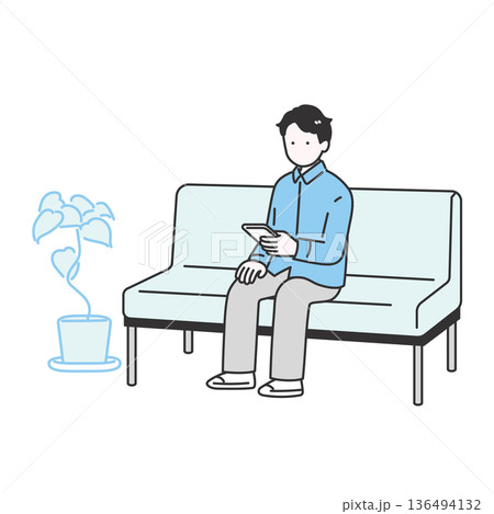 スマートフォンを見ながら待つ若い男性のイラスト 136494132