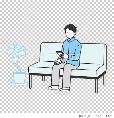 スマートフォンを見ながら待つ若い男性のイラスト 136494132