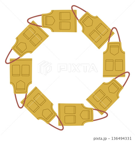 Circular frame made of gardening aprons in warm mustard tones. Cute flat vector wreath isolated on white background, ideal for gardening themes, seasonal designs, eco projects, and craft branding Circular frame made of gardening aprons in warm mustard tones. Cute flat vector wreath isolated on white background, ideal for gardening themes, seasonal designs, eco projects, and craft branding 136494331