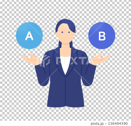 一位女商人正在比較A和B。插圖描繪了一位女性正在考慮兩種選擇。 136494390