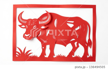 Traditional Chinese Red Paper Cut Art of Majestic Zodiac Ox with Horns and Grass. 136494505