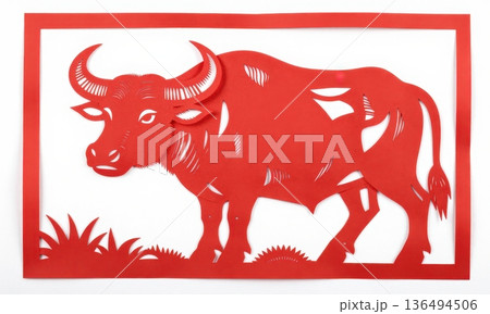 Traditional Chinese Red Paper Cut Art of Majestic Zodiac Ox with Horns and Grass. 136494506