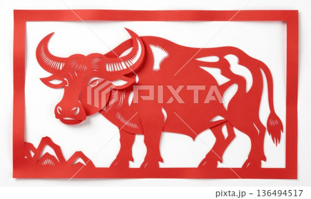 Traditional Chinese Red Paper Cut Art of Majestic Zodiac Ox with Horns and Grass. 136494517