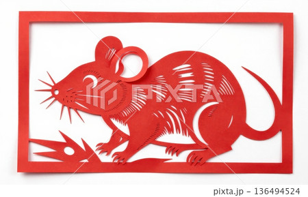 traditional Chinese Red Paper Cut Art of Zodiac Rat in Ornate Frame. traditional Chinese Red Paper Cut Art of Zodiac Rat in Ornate Frame. 136494524