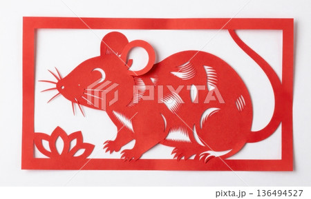 traditional Chinese Red Paper Cut Art of Zodiac Rat in Ornate Frame. 136494527