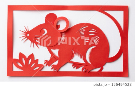 traditional Chinese Red Paper Cut Art of Zodiac Rat in Ornate Frame. 136494528