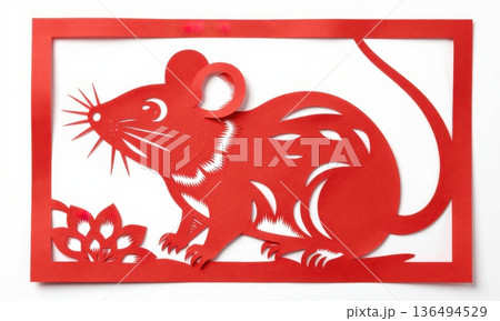 traditional Chinese Red Paper Cut Art of Zodiac Rat in Ornate Frame. 136494529
