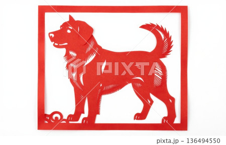 Traditional Chinese Red Paper Cut Art of Zodiac Dog with Auspicious Clouds. Traditional Chinese Red Paper Cut Art of Zodiac Dog with Auspicious Clouds. 136494550
