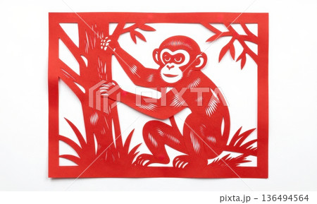 Traditional Chinese Red Paper Cut Art of Zodiac Monkey Climbing Tree. Traditional Chinese Red Paper Cut Art of Zodiac Monkey Climbing Tree. 136494564