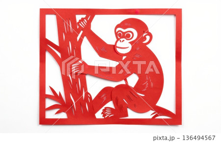 Traditional Chinese Red Paper Cut Art of Zodiac Monkey Climbing Tree. Traditional Chinese Red Paper Cut Art of Zodiac Monkey Climbing Tree. 136494567