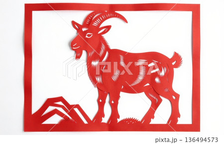 Traditional Chinese paper cutting art of red goat with mountain and clouds, symbol for Zodiac Year of the Sheep or Ram, Lunar New Year decoration. Traditional Chinese paper cutting art of red goat with mountain and clouds, symbol for Zodiac Year of the Sheep or Ram, Lunar New Year decoration. 136494573