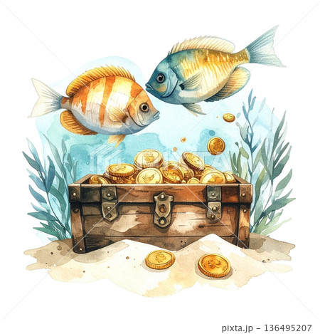 ルノルマンカード「魚」財宝と繁栄を象徴する海底の宝箱と魚の水彩画イラスト3／チラシやポスター用素材 136495207