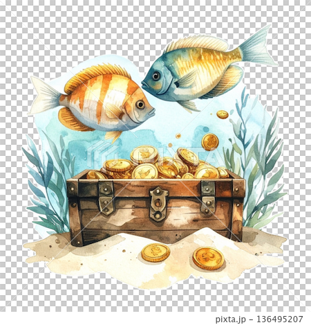 ルノルマンカード「魚」財宝と繁栄を象徴する海底の宝箱と魚の水彩画イラスト3／チラシやポスター用素材 136495207