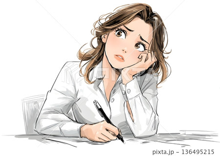 悩むビジネスウーマンのイラスト　デスクでペンを持ち考え込む女性・キャリアや仕事の課題・白バック 136495215