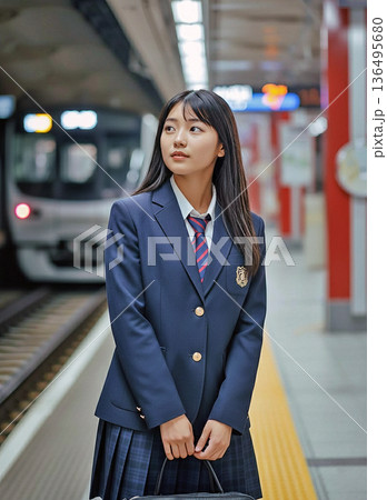 駅で電車を待つ女性 136495680