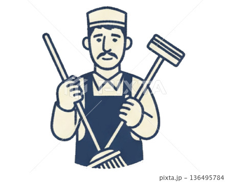 掃除用具を持つおじさん 136495784