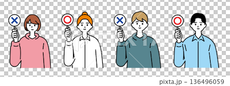 マルバツの札を持って回答する若い男女 136496059