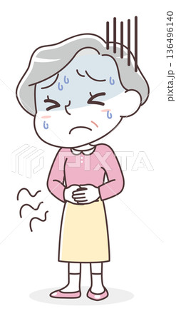 腹痛・胃腸の不調に悩むシニア女性のイラスト(食あたり・ストレス・便秘・下痢) 腹痛・胃腸の不調に悩むシニア女性のイラスト(食あたり・ストレス・便秘・下痢) 136496140