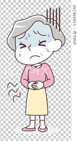 腹痛・胃腸の不調に悩むシニア女性のイラスト(食あたり・ストレス・便秘・下痢) 腹痛・胃腸の不調に悩むシニア女性のイラスト(食あたり・ストレス・便秘・下痢) 136496140