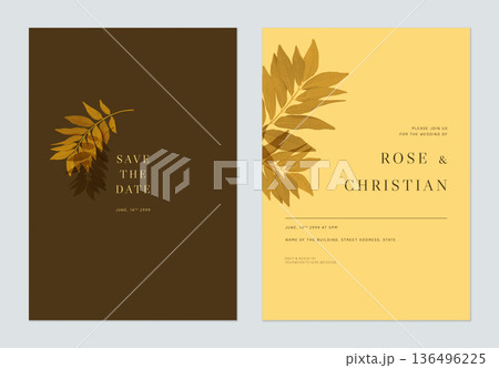 Minimalist foliage wedding invitation card template design, green leaves on brown and yellow Minimalist foliage wedding invitation card template design, green leaves on brown and yellow 136496225
