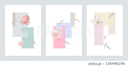 Botany poster template design, various flowers and leaves with geometric shapes Botany poster template design, various flowers and leaves with geometric shapes 136496299