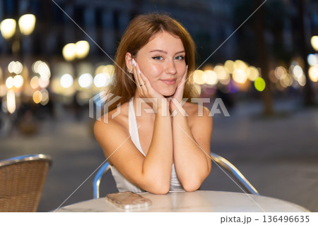 Young woman at street cafe in Royal Square (Placa Real) in Barcelona Young woman at street cafe in Royal Square (Placa Real) in Barcelona 136496635