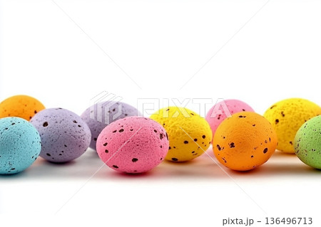 Colorful handmade scattered easter eggs isolated on white background. Happy Easter holiday! 136496713