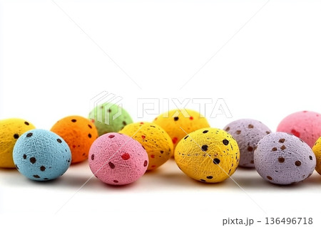 Colorful handmade scattered easter eggs isolated on white background. Happy Easter holiday! 136496718