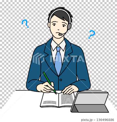 メモを取りながら顧客の悩みに対応する男性オペレーター メモを取りながら顧客の悩みに対応する男性オペレーター 136496886