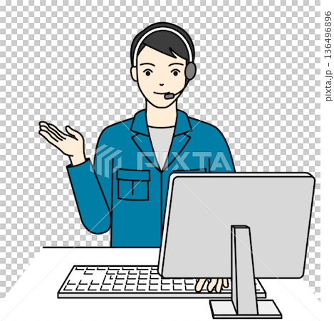 身著工作服的男性技術支援人員正在電腦前提供指導。 136496896