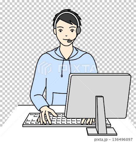 一位微笑的男操作員戴著耳機，正在電腦上工作和打字。 136496897