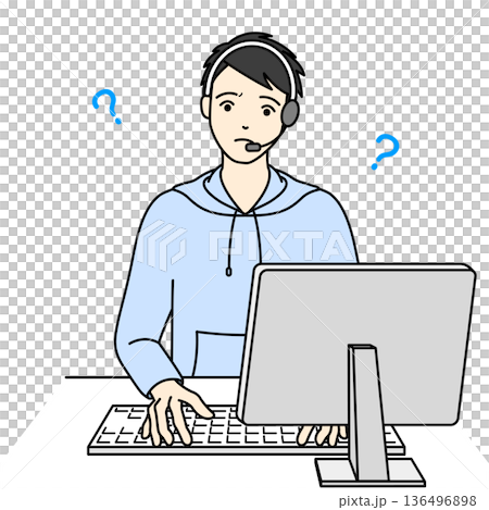 一個戴著耳機、表情憂慮的男人，似乎在問如何使用電腦。 136496898