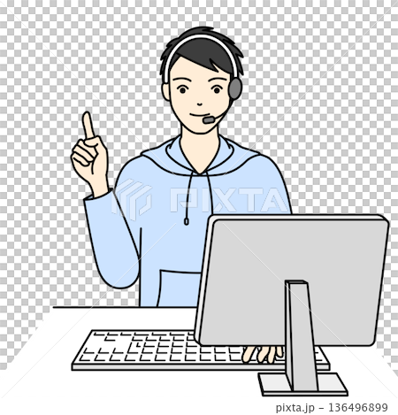 A male operator wearing a headset explaining key points while operating a computer A male operator wearing a headset explaining key points while operating a computer 136496899