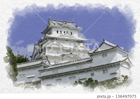水彩画風　姫路城　天守　兵庫県姫路市 136497075