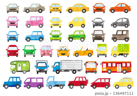 水彩風で描かれたカラフルな車のイラストセット（正面・横）白バック／乗用車・トラック・バス・キャンピン 136497111
