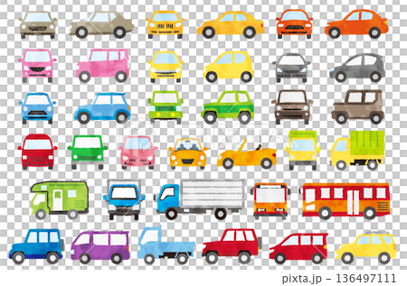 水彩風で描かれたカラフルな車のイラストセット（正面・横）白バック／乗用車・トラック・バス・キャンピン 136497111