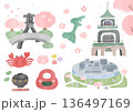 石川県　金沢　春の観光名所　水彩風イラストセット（桜・文字なし） 136497169