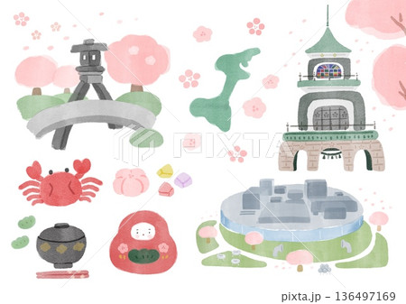 石川県　金沢　春の観光名所　水彩風イラストセット（桜・文字なし） 136497169