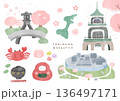 春の石川県　金沢観光　水彩風イラスト（桜・文字あり） 136497171