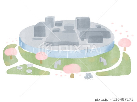 21世紀美術館　春の金沢　水彩風イラスト 136497173