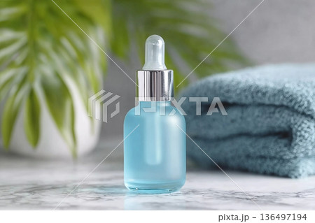 Light blue glass dropper bottle on white marble near potted green plant, towel and cosmetics in bathroom, close up, packaging mockup. Natural product for facecare, serum or essence 136497194