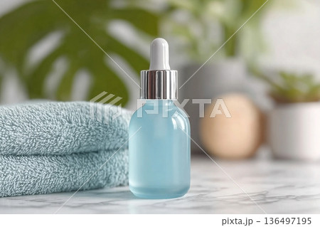 Light blue glass dropper bottle on white marble near potted green plant, towel and cosmetics in bathroom, close up, packaging mockup. Natural product for facecare, serum or essence 136497195