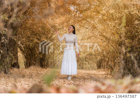 Beautiful woman posing among dry bamboo branches forest in nature. 136497387
