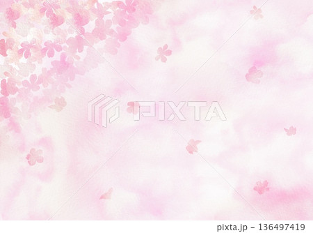 ピンク色の桜が舞い散る水彩背景。幻想的な春のイメージ。 136497419